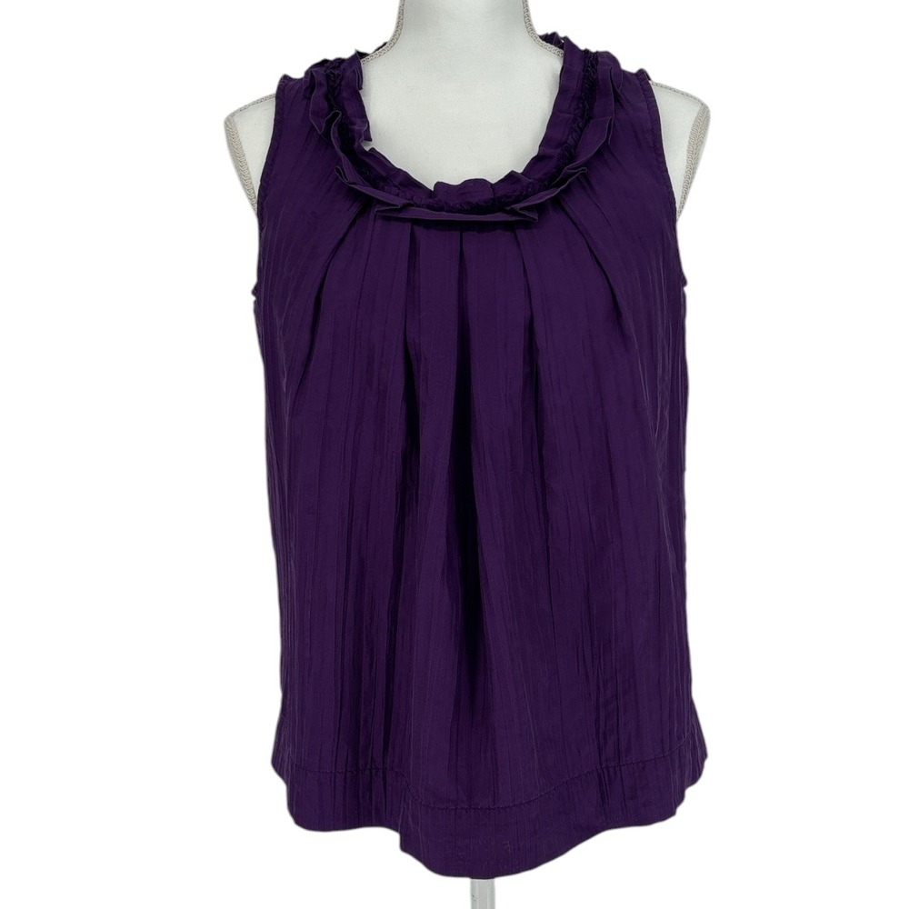Icone Purple Silk Top Womens Size 6 Ruffle Neck Pleated Sleeveless Preppy